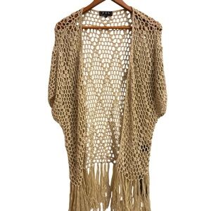 POL Crochet Fringe Kimono Cardigan Boho Festival Open Weave One Size XL